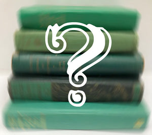 a stack of green books with a white questionmark superimposed
