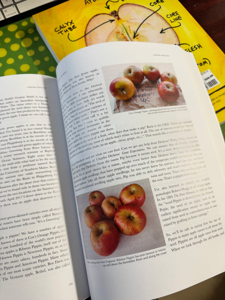 product image - page spread showing apple specimen photos and apple anatomy diagram from back cover