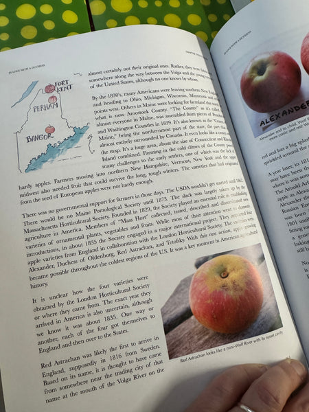 product image - page spread example showing Maine map with apple locations and photos of apple specimens